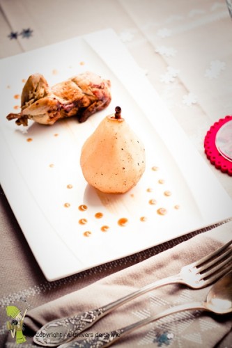 Cailles farcies au foie gras et sa poire pochée à la cannelle